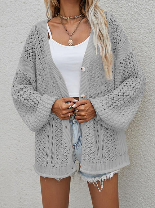 Openwork Button Front Cardigan Cloudy Blue cardigan cardigans clothes Ship From Overseas sweater sweaters X.W