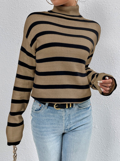 Striped Turtleneck Drop Shoulder Sweater Camel clothes long sleeve shirt Ship From Overseas striped sweater sweater Yh