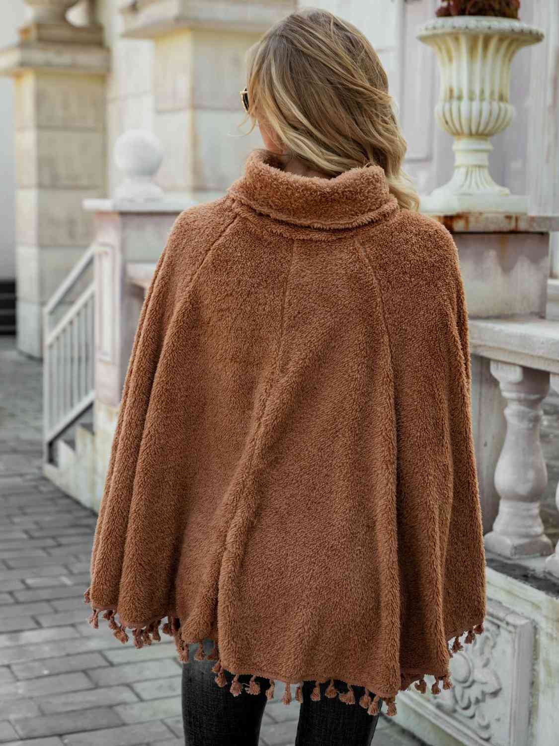 TastyHottie - Full Size Turtleneck Tassel Hem Poncho