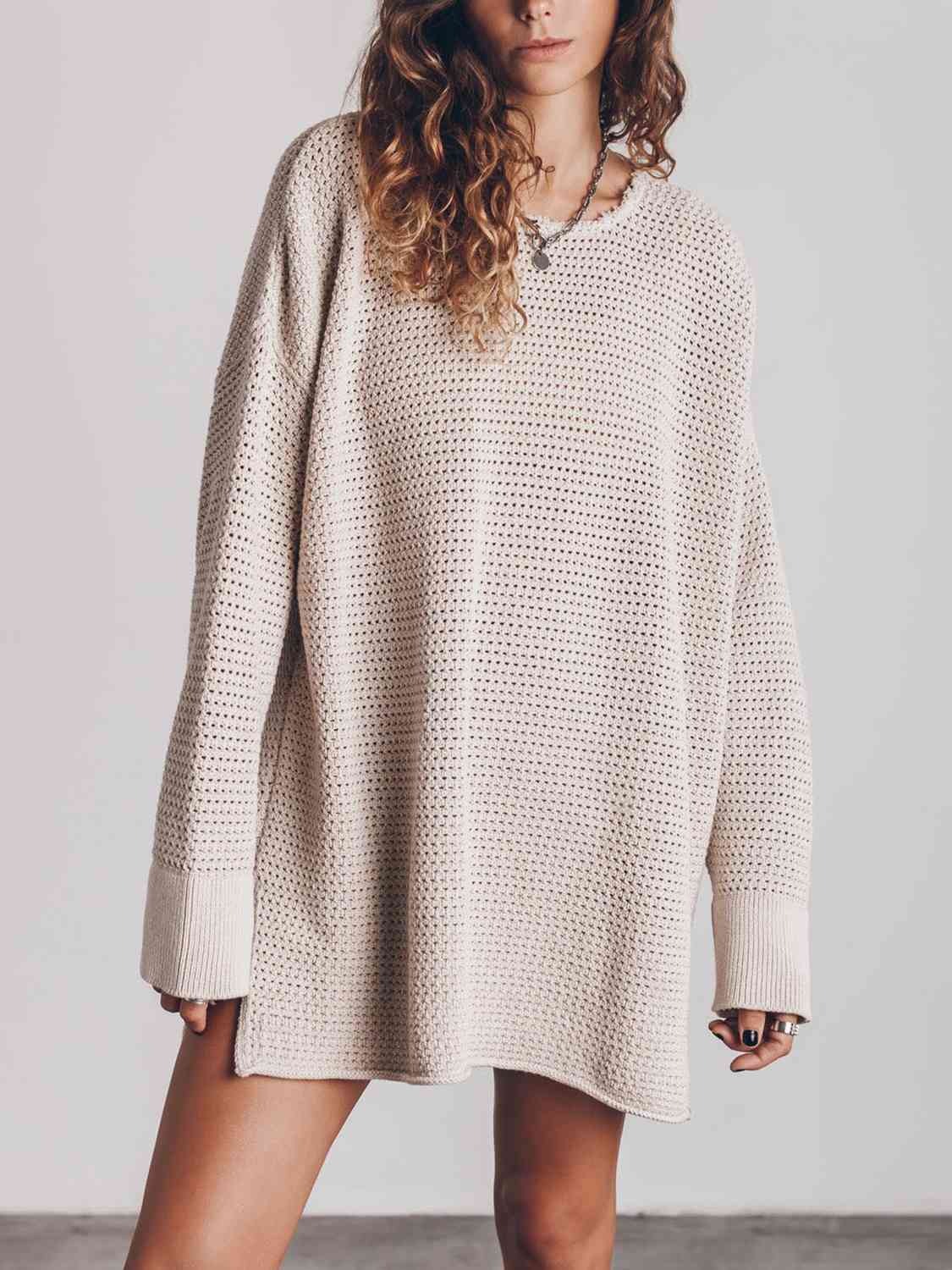 TastyHottie - Openwork Round Neck Long Sleeve Slit Oversized Fashion Sweater