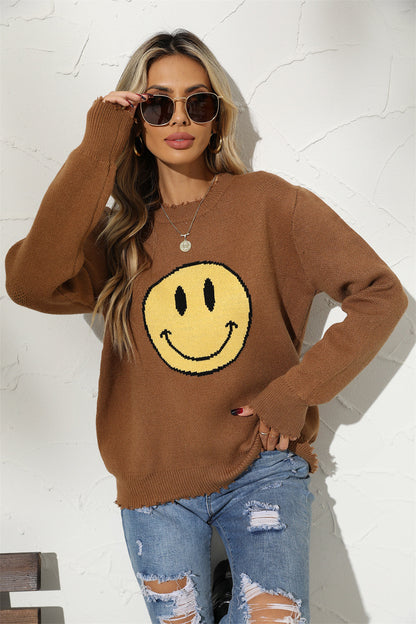 TastyHottie - Round Neck Long Sleeve Smily Face Graphic Sweater