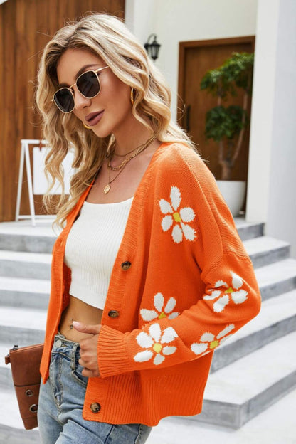 TastyHottie - Floral Ribbed Trim Drop Shoulder Cardigan