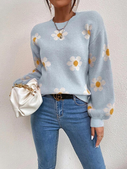 TastyHottie - Flower Round Neck Latern Sleeve Sweater