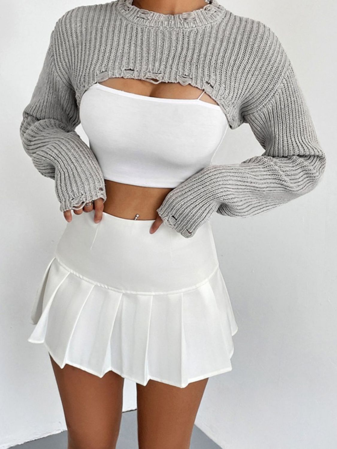 TastyHottie - Distressed Long Sleeve Cropped Sweater