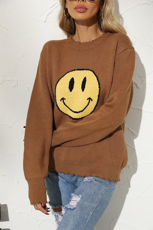 Round Neck Long Sleeve Smily Face Graphic Sweater Taupe clothes Ship From Overseas sweater top trend Y.S.J.Y