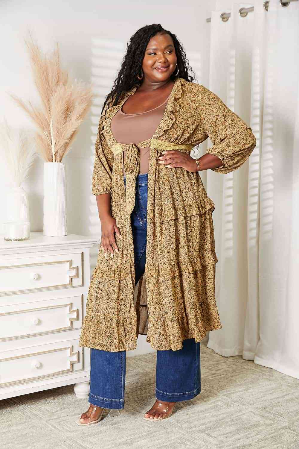 TastyHottie - HEYSON Full Size Tie Front Ruffled Duster Cardigan