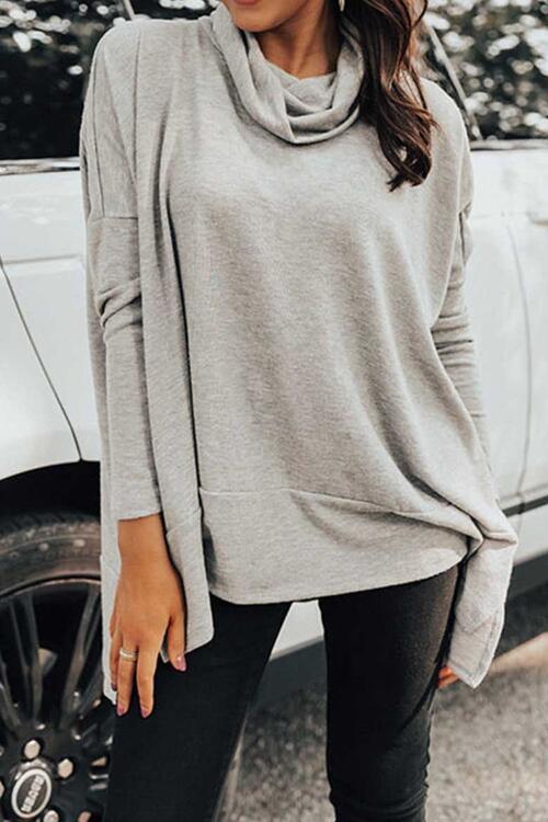 Cowl Neck Long Sleeve Slit Blouse Light Gray clothes long sleeve shirts long sleeve top long sleeve tops Ship From Overseas shirt shirts Sweater sweaters Sweatshirt SYNZ top tops