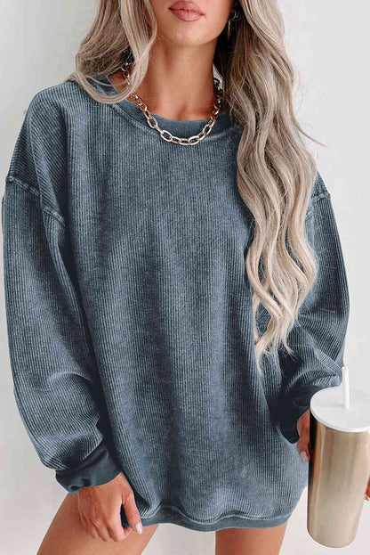 Round Neck Dropped Shoulder Washed Out Casual Sweatshirt Dusty Blue clothes Ship From Overseas sweater sweaters SYNZ