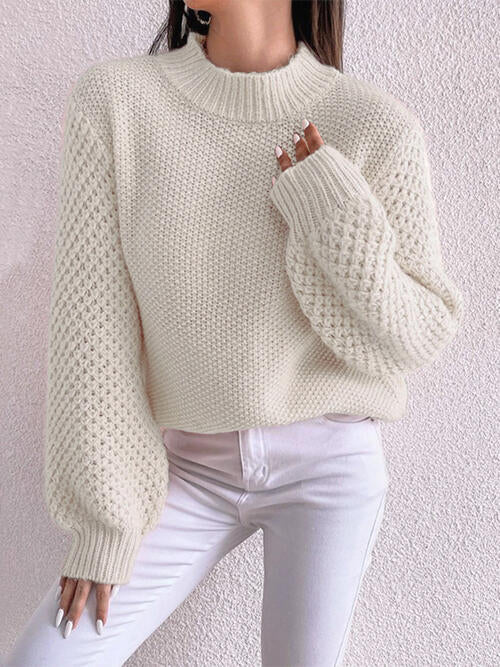 Openwork Mock Neck Long Sleeve Sweater Cream clothes Ship From Overseas sweater sweaters Sweatshirt X.W