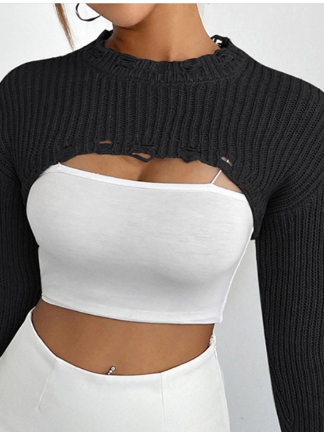 TastyHottie - Distressed Long Sleeve Cropped Sweater