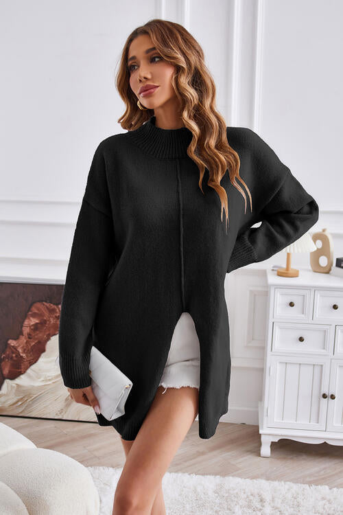 TastyHottie - Exposed Seam Mock Neck Slit Sweater