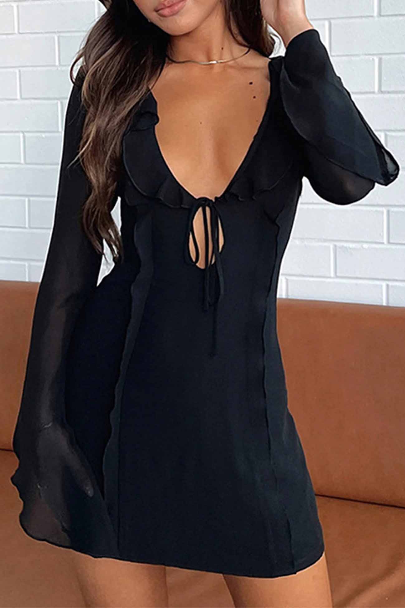 TastyHottie - Ruffled Long Sleeved Lace Up Mini Dress