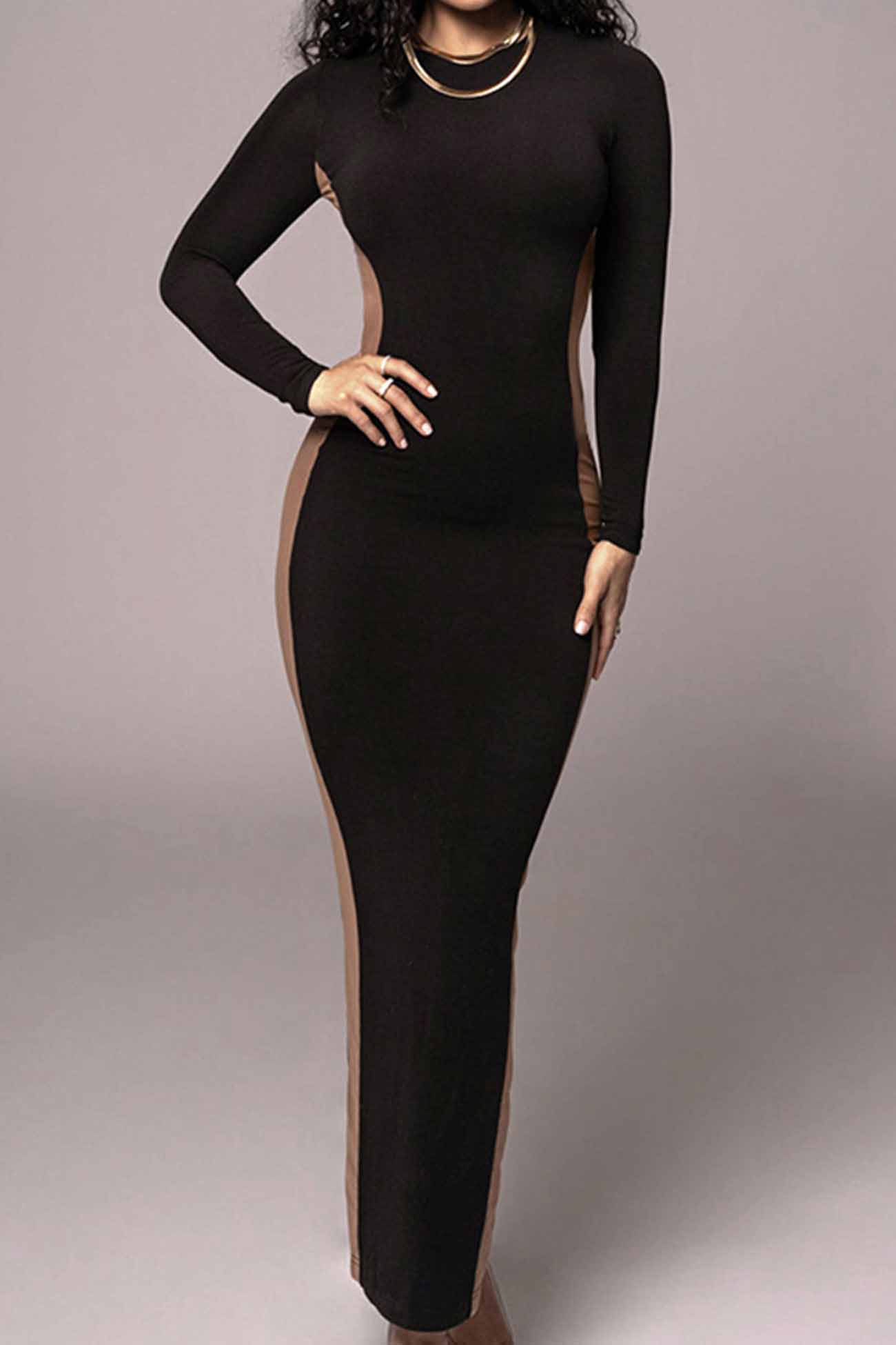 TastyHottie - Contrast Crew Neck Long Sleeve Slit Midi Dress