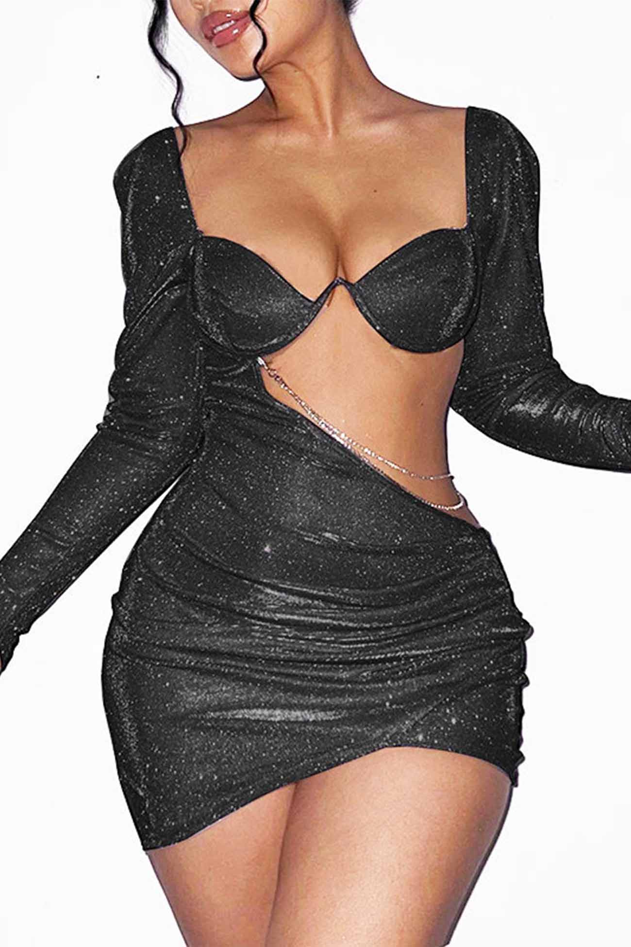 TastyHottie - Hollow Glitter Chain Long Sleeve Ruched Mini Dress