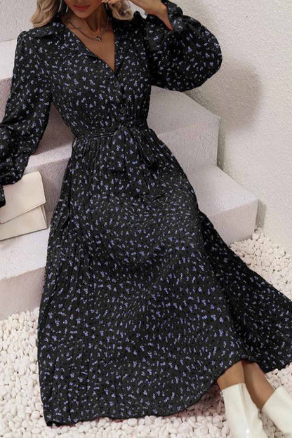 TastyHottie - Floral Tie Wasit Long Sleeve Pleated Midi Dress