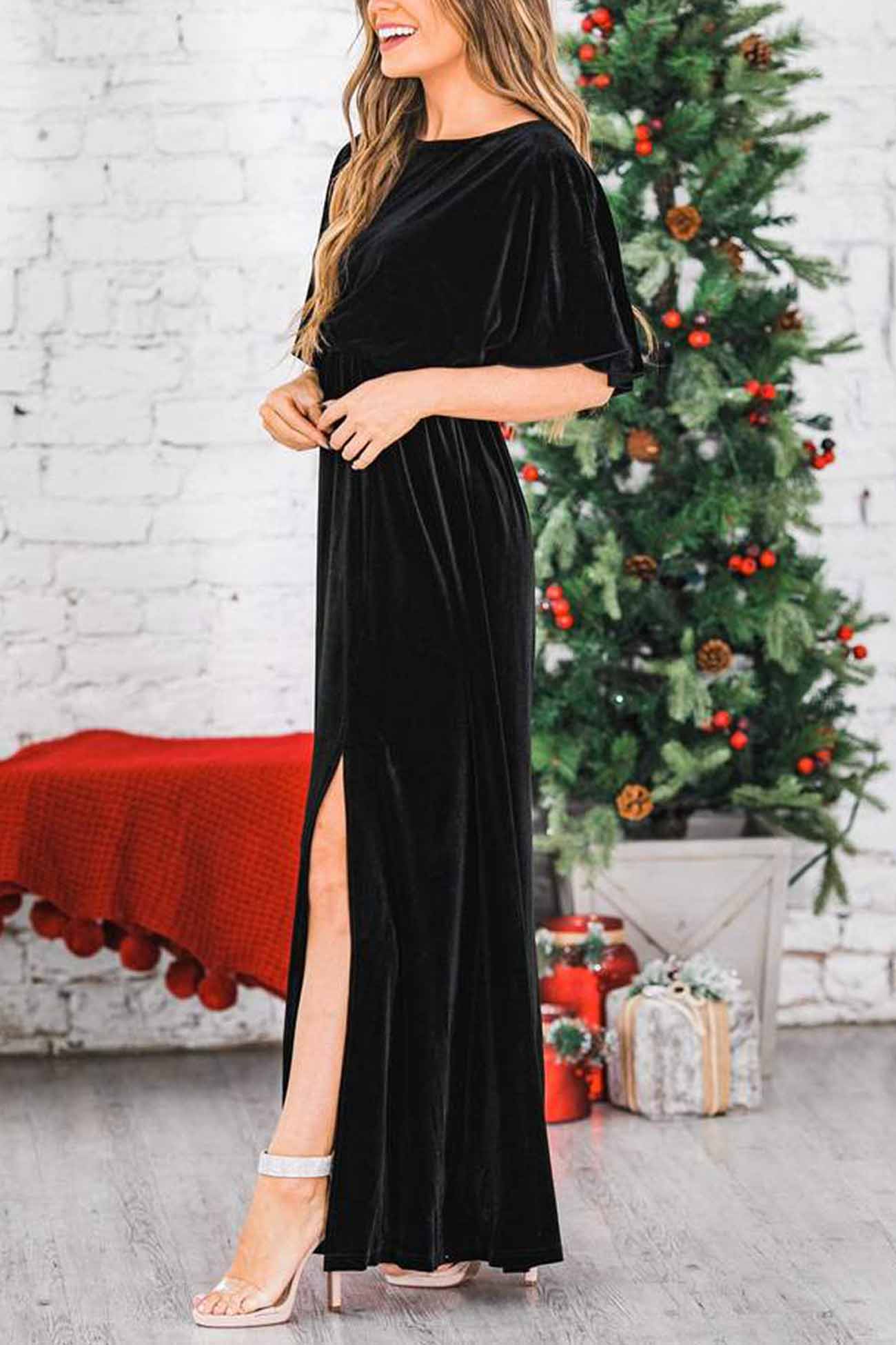 TastyHottie - Velvet Crew Neck High Slit Midi Dress