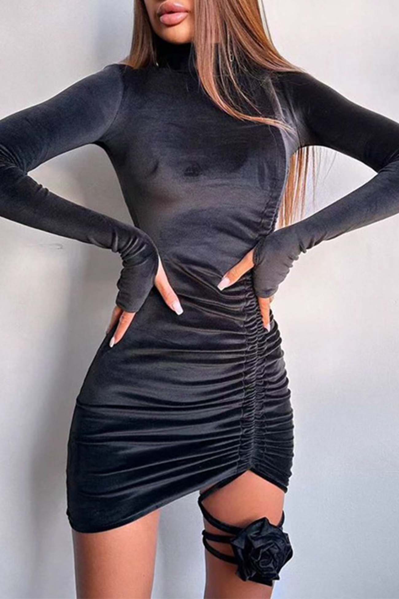 TastyHottie - Suede Mock Neck Drawstring Flowers Mini Dress