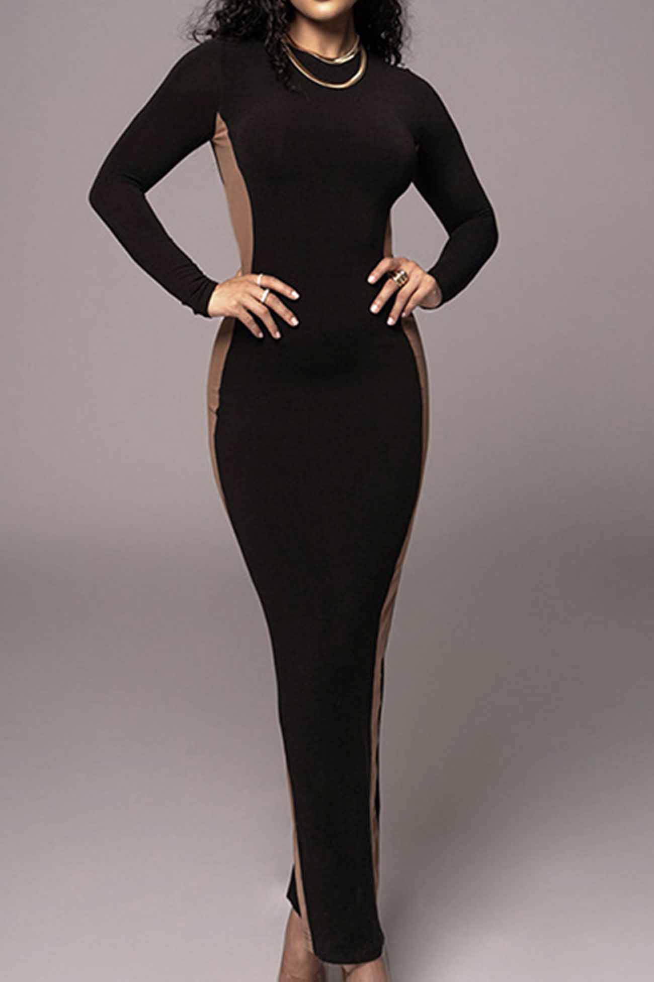 TastyHottie - Contrast Crew Neck Long Sleeve Slit Midi Dress