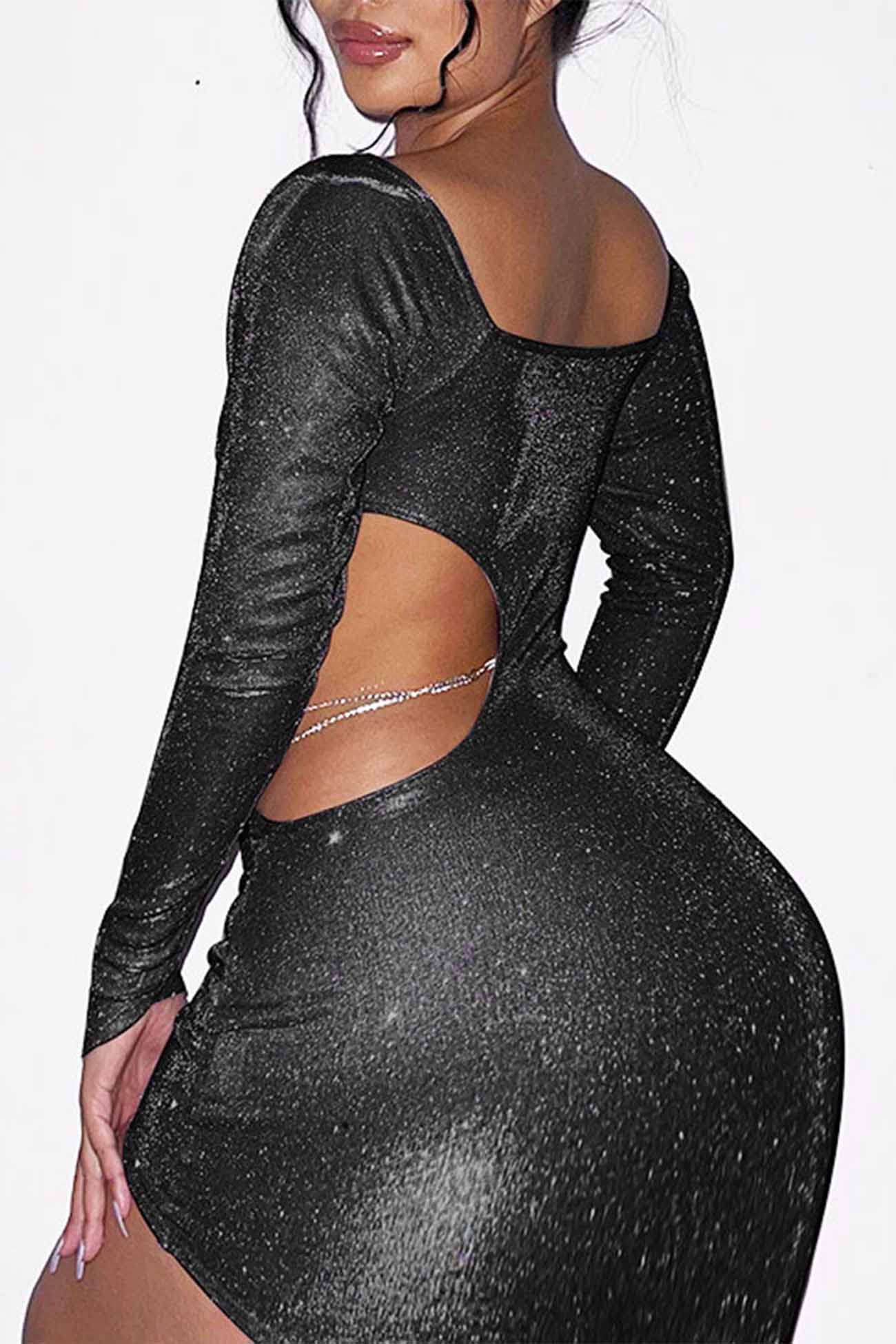 TastyHottie - Hollow Glitter Chain Long Sleeve Ruched Mini Dress