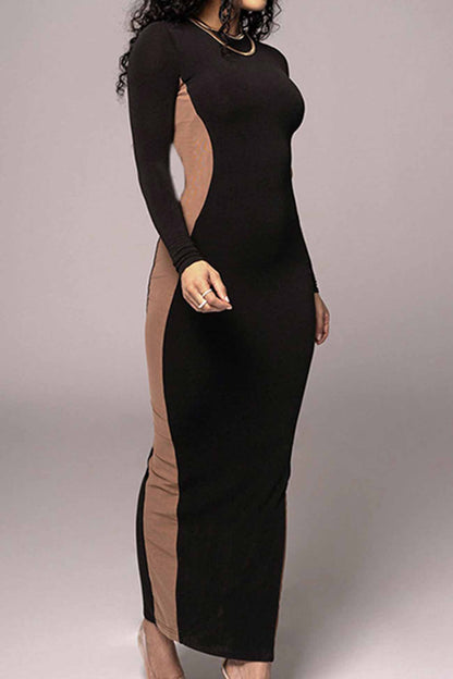 TastyHottie - Contrast Crew Neck Long Sleeve Slit Midi Dress