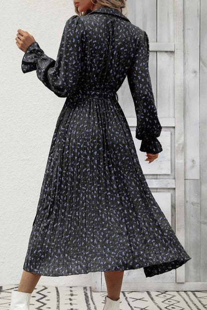 TastyHottie - Floral Tie Wasit Long Sleeve Pleated Midi Dress