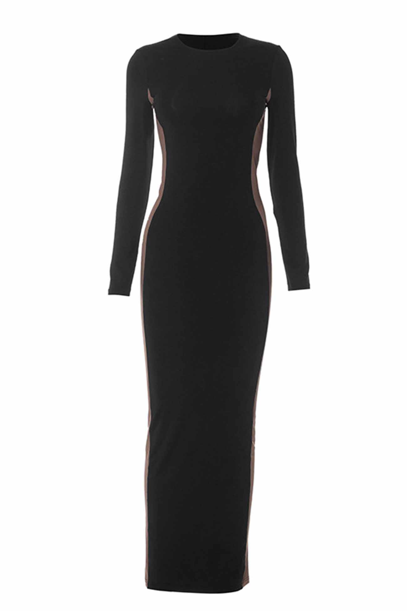 TastyHottie - Contrast Crew Neck Long Sleeve Slit Midi Dress