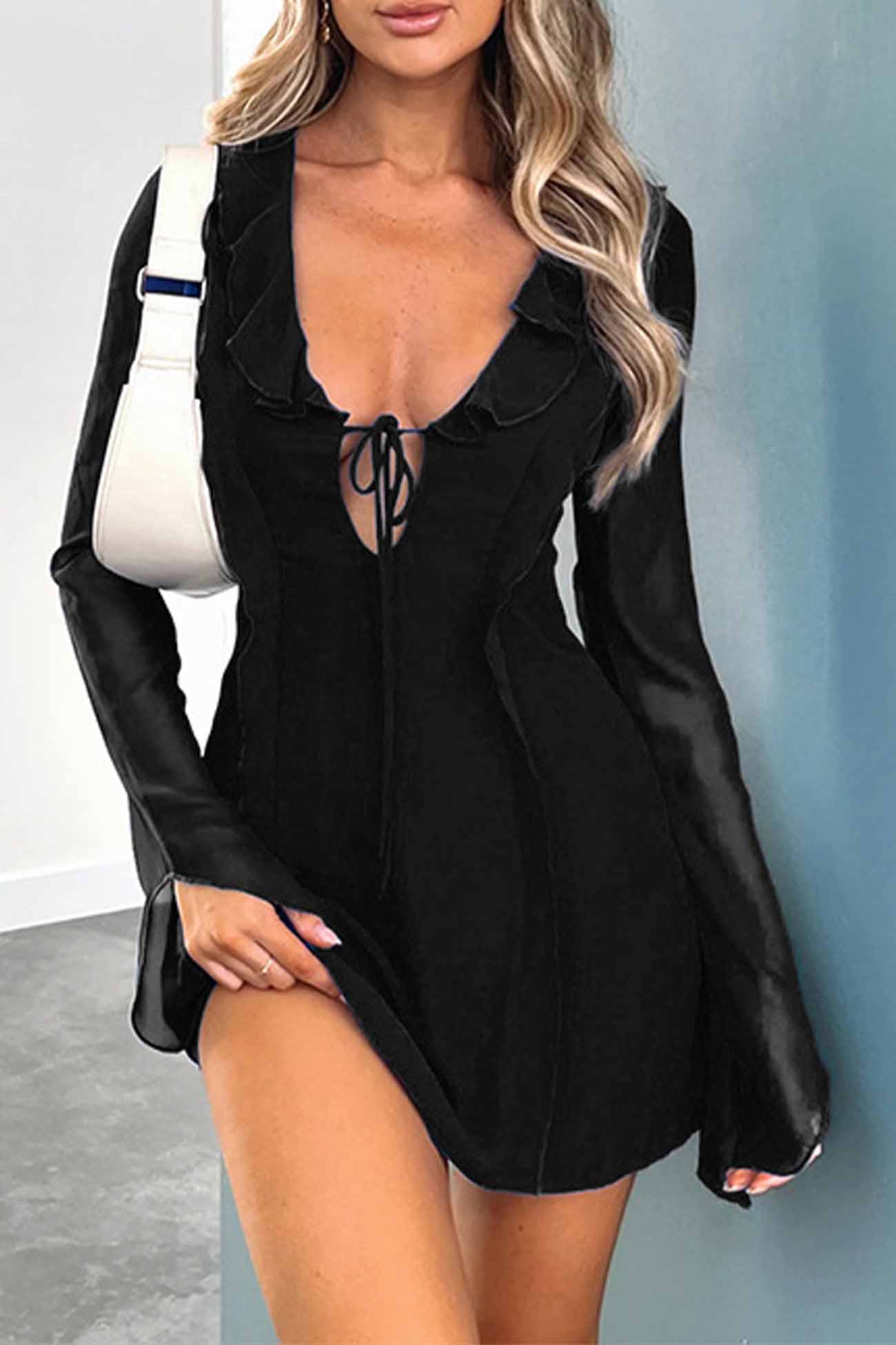 TastyHottie - Ruffled Long Sleeved Lace Up Mini Dress