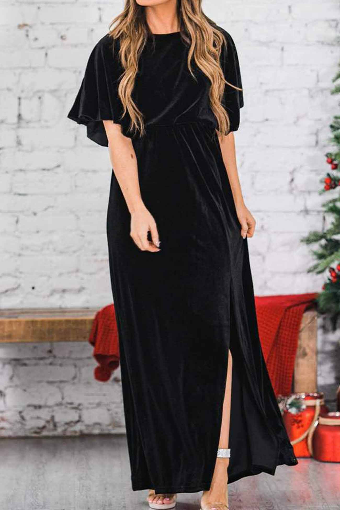 TastyHottie - Velvet Crew Neck High Slit Midi Dress