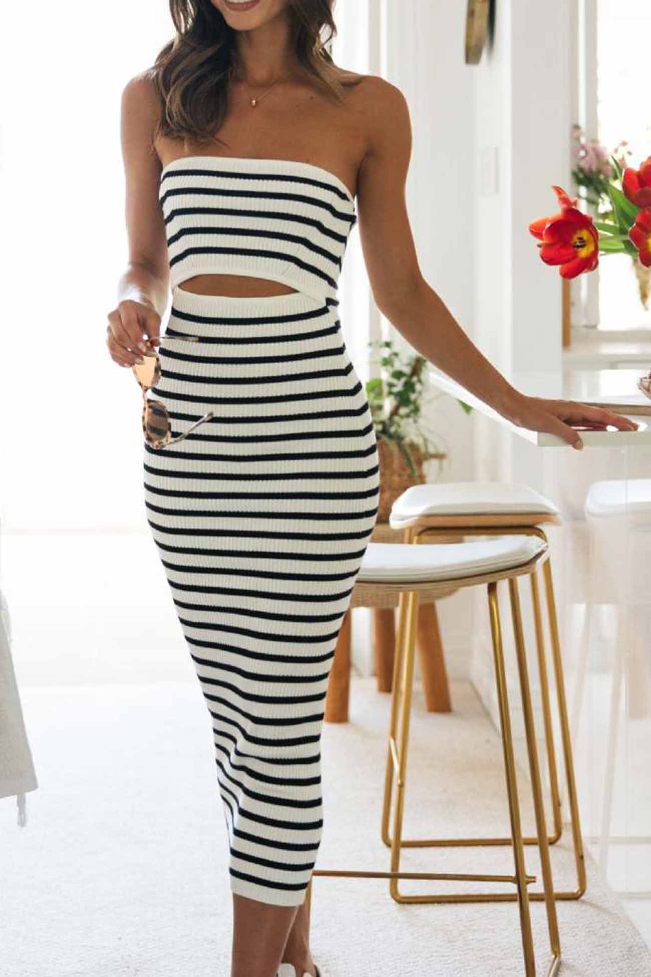 TastyHottie - Striped Sleeveless Hollow Knitted Dress