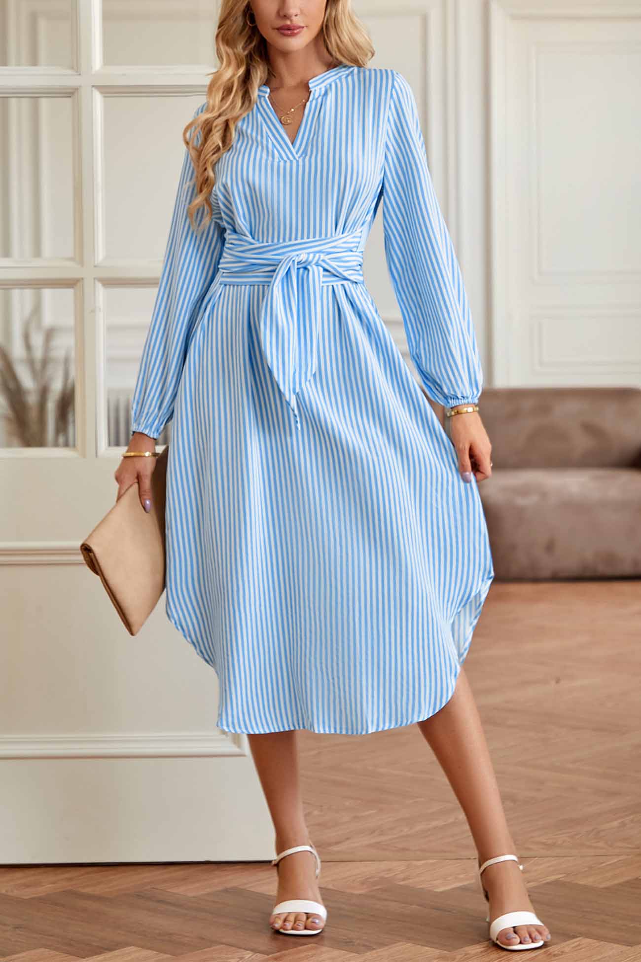 TastyHottie - V Neck Striped Tie Waist Long Sleeve Midi Dress