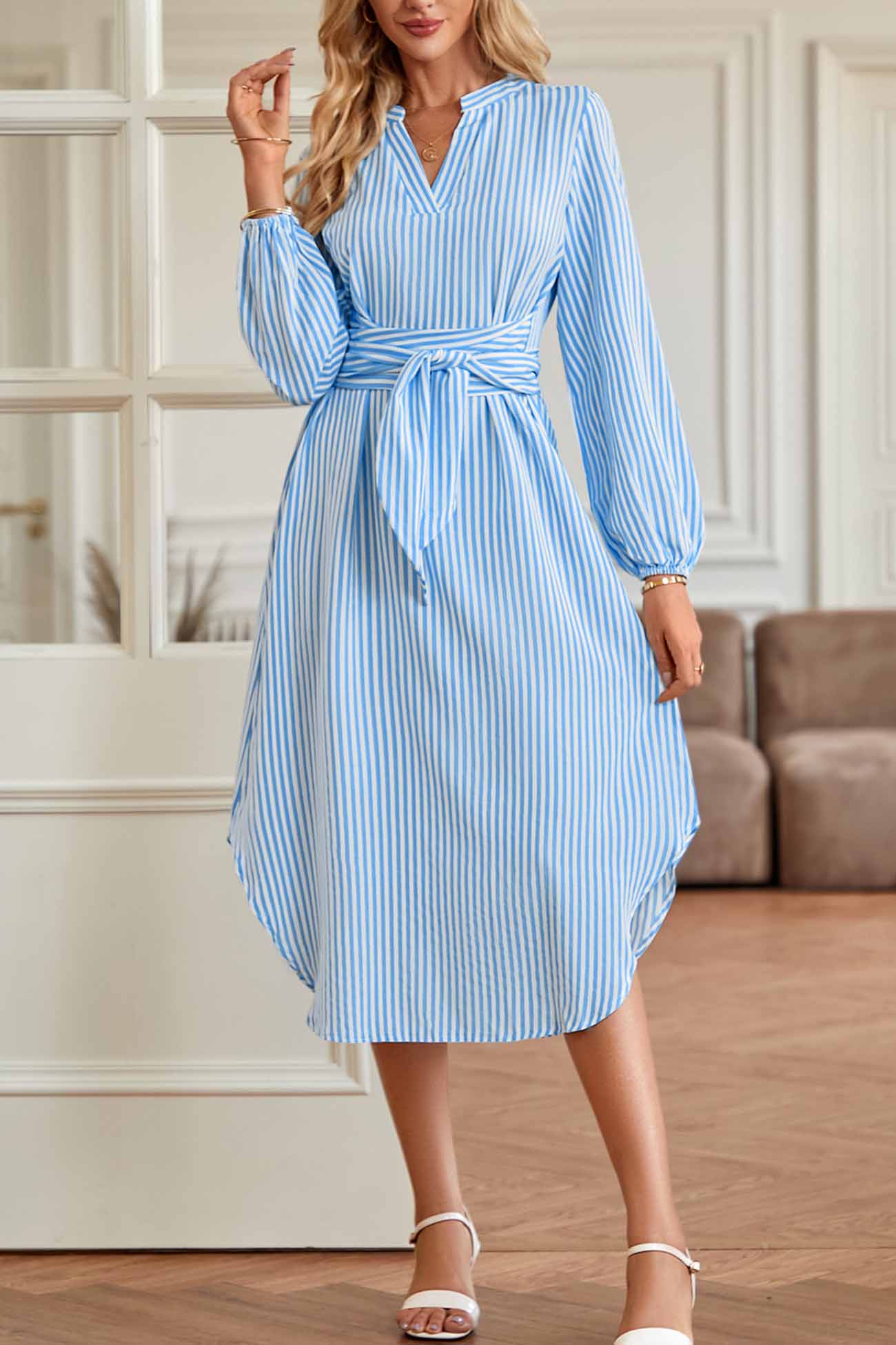 TastyHottie - V Neck Striped Tie Waist Long Sleeve Midi Dress