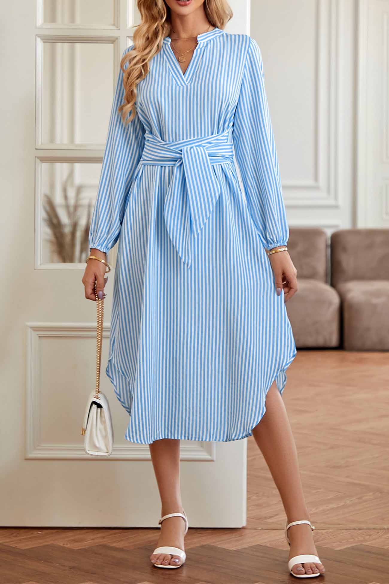 TastyHottie - V Neck Striped Tie Waist Long Sleeve Midi Dress