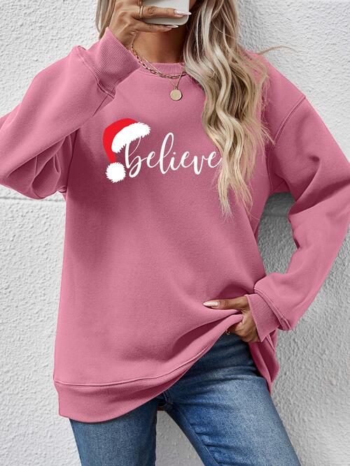 BELIEVE Graphic Long Sleeve Holiday Christmas Sweatshirt Moonlit Mauve Changeable christmas sweater clothes Ship From Overseas