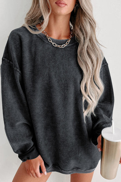 Round Neck Dropped Shoulder Washed Out Casual Sweatshirt Black clothes Ship From Overseas sweater sweaters SYNZ