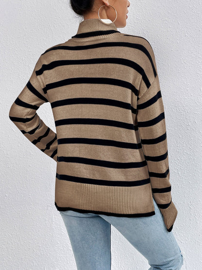 TastyHottie - Striped Turtleneck Drop Shoulder Sweater