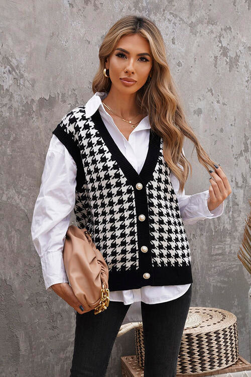 Houndstooth Button Front Sweater Vest Black clothes Ship From Overseas Sweater sweaters T*Y