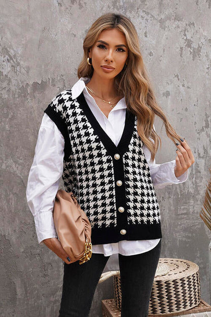 Houndstooth Button Front Sweater Vest Black clothes Ship From Overseas Sweater sweaters T*Y