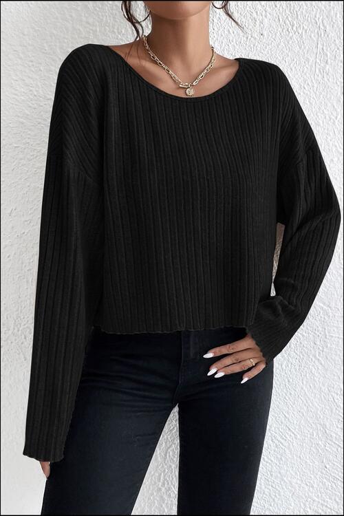 TastyHottie - Ribbed Round Neck Drop Shoulder Long Sleeve Top