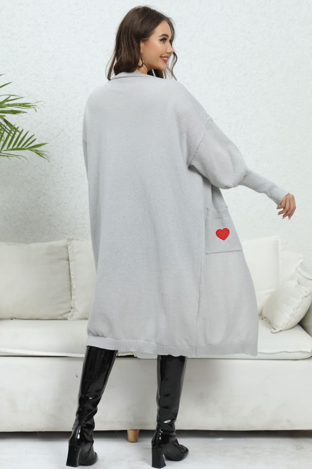 TastyHottie - Lantern Sleeve Open Front Pocketed Cardigan with hearts