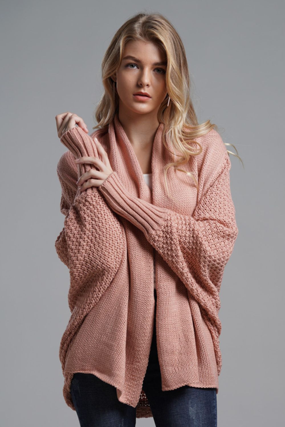 Double Take Dolman Sleeve Open Front Ribbed Trim Longline Cardigan Pink One Size cardigan cardigans clothes Double Take Ship From Overseas sweaters