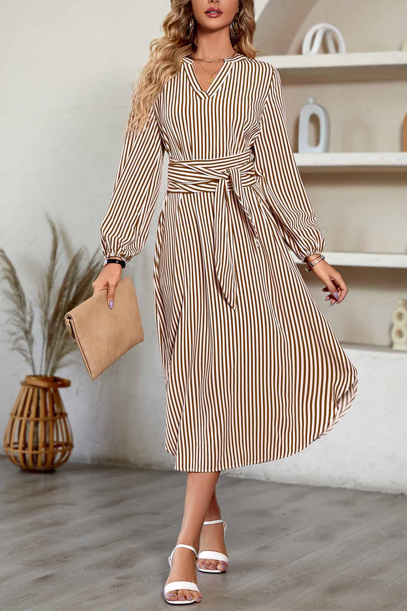 TastyHottie - V Neck Striped Tie Waist Long Sleeve Midi Dress