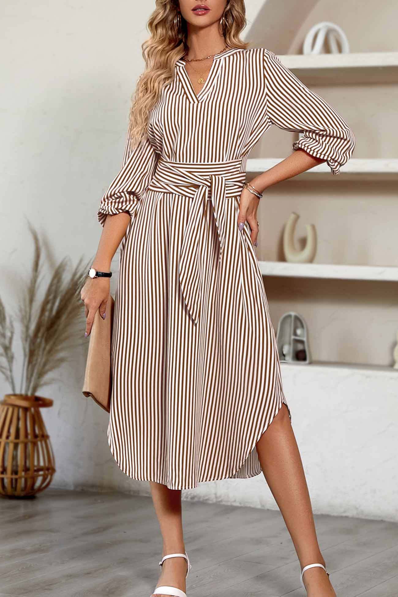 TastyHottie - V Neck Striped Tie Waist Long Sleeve Midi Dress