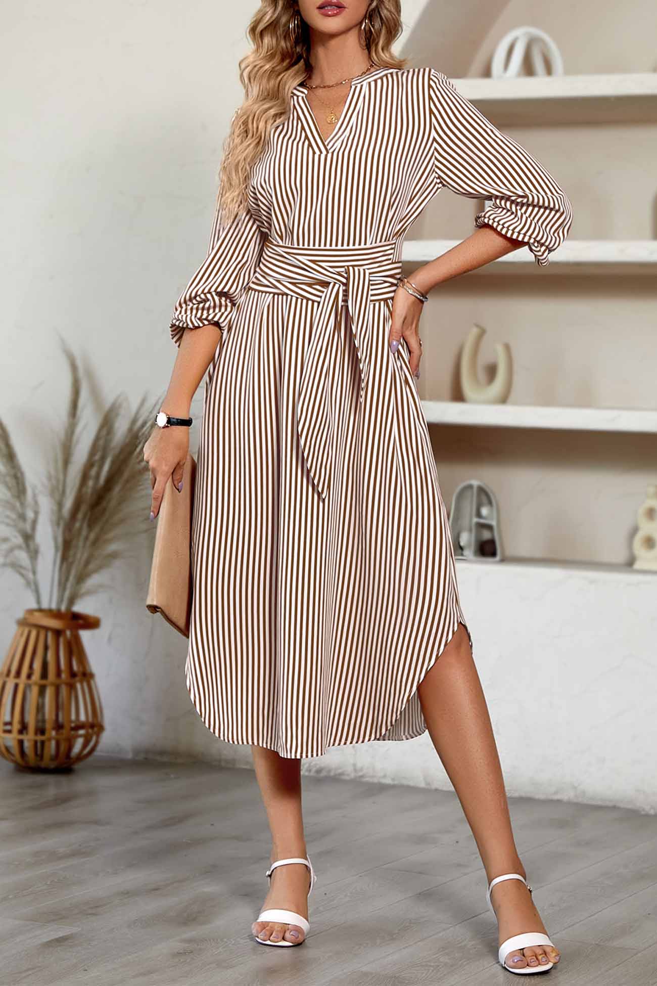 TastyHottie - V Neck Striped Tie Waist Long Sleeve Midi Dress