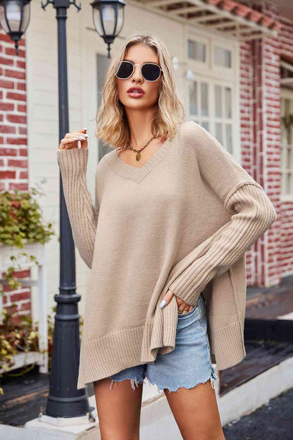 V-Neck Slit Exposed Seam Sweater Tan Cardigan clothes SF Knit Ship From Overseas Sweater Sweaters