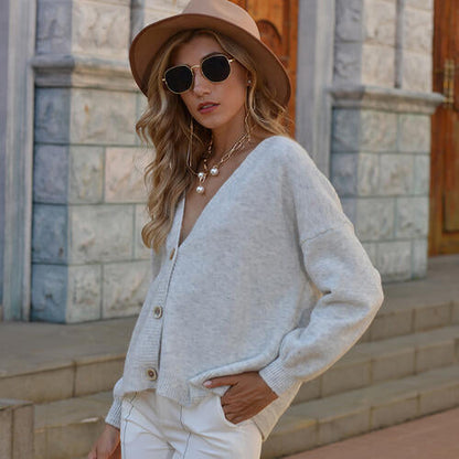 Button Up V-Neck Long Sleeve Sweater Cardigan Light Gray cardigan cardigans clothes Romantichut Ship From Overseas sweater sweaters Sweatshirt