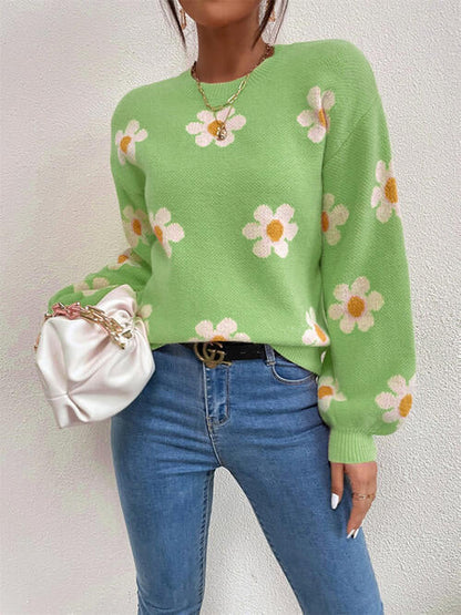 TastyHottie - Flower Round Neck Latern Sleeve Sweater