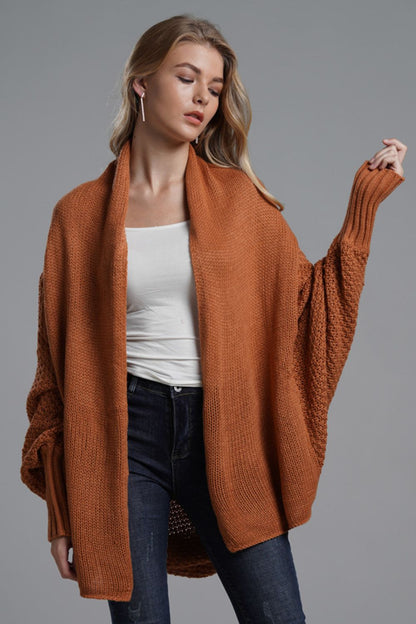 Double Take Dolman Sleeve Open Front Ribbed Trim Longline Cardigan Brick One Size cardigan cardigans clothes Double Take Ship From Overseas sweaters