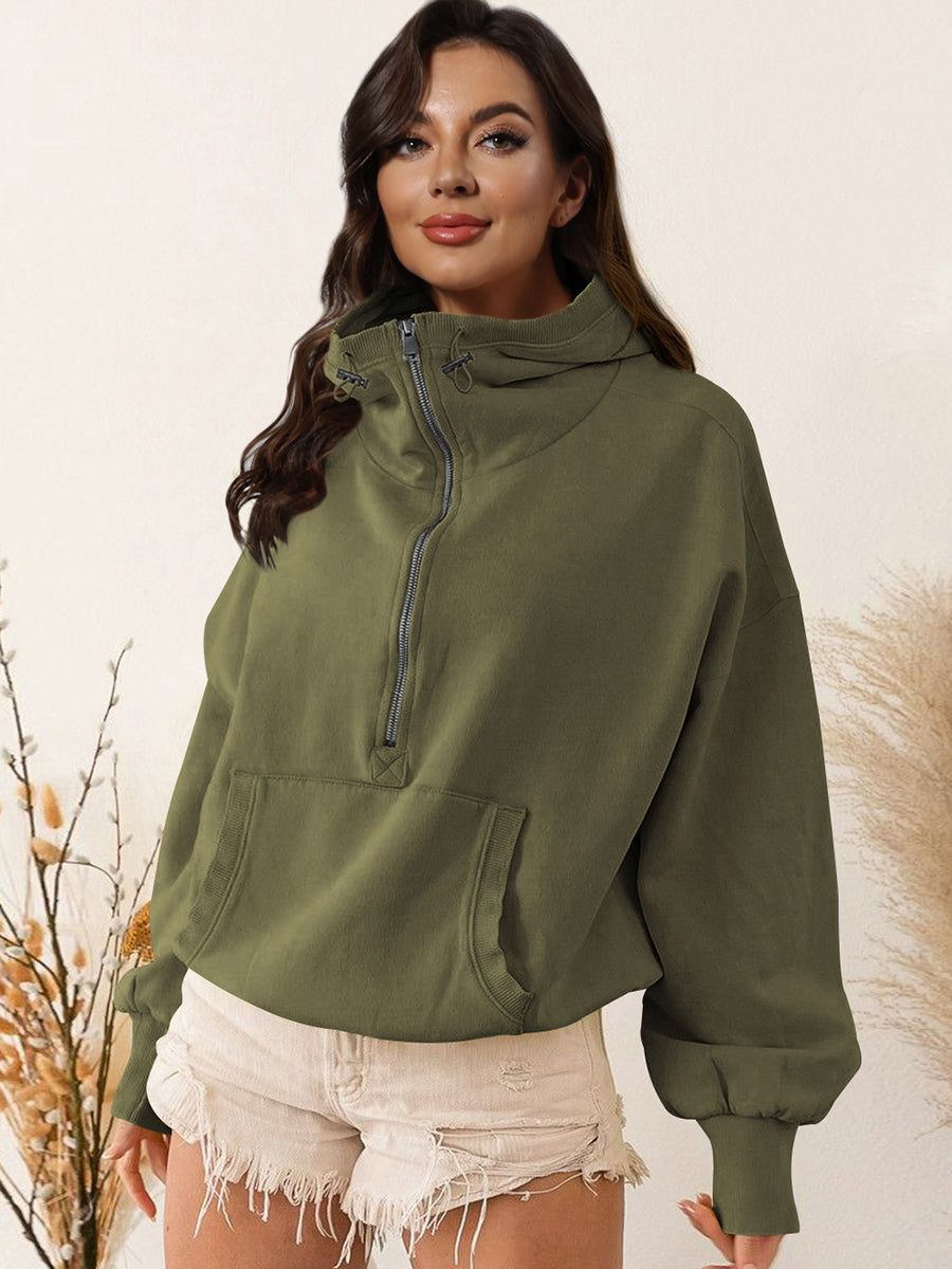 Zip-Up Dropped Shoulder Hoodie Army Green clothes hoodie long sleeve MDML Ship From Overseas Shipping Delay 09/29/2023 - 10/02/2023 sweater sweaters Sweatshirt trend