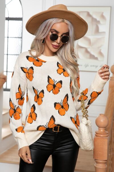 Butterfly Round Neck Long Sleeve Butterfly Sweater Ivory B&S Clothes Ship From Overseas Sweater sweaters Sweatshirt