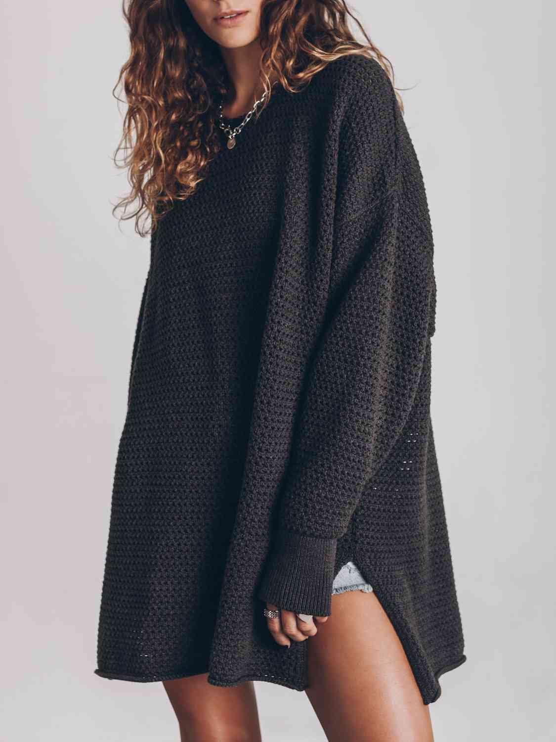 TastyHottie - Openwork Round Neck Long Sleeve Slit Oversized Fashion Sweater